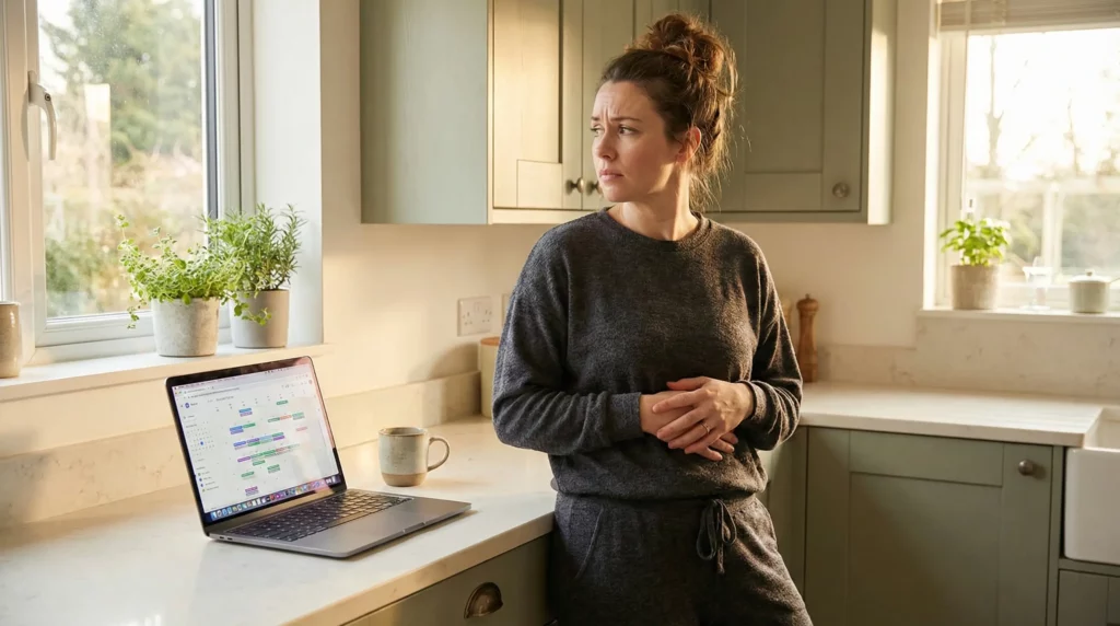 Woman experiencing the stress belly phenomenon and cortisol-driven weight gain.