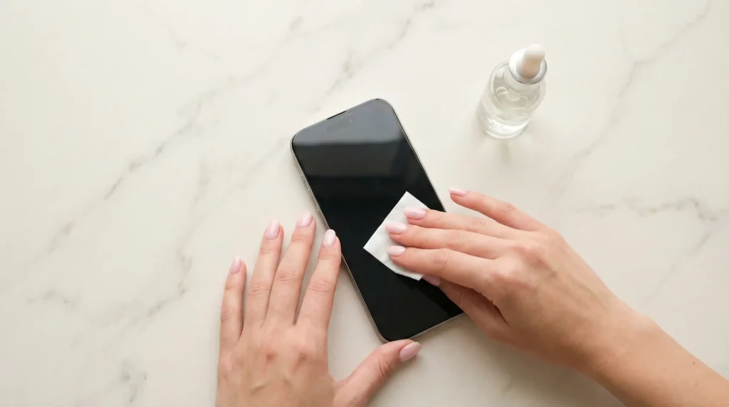 Woman cleaning her smartphone screen with a sanitizing wipe to prevent acne.