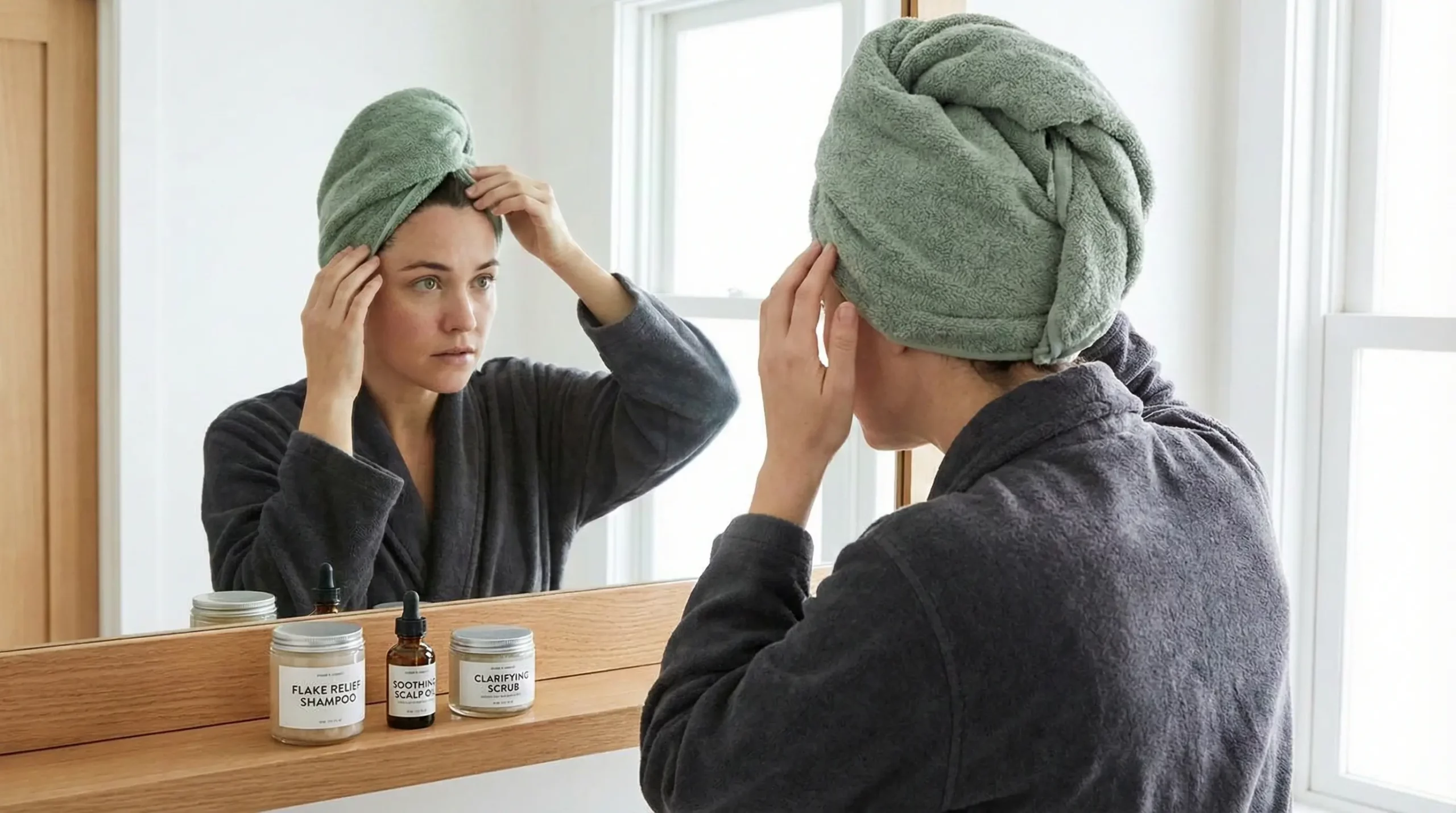 A woman wearing a towel turban examines her scalp in a bathroom mirror, looking for signs of itch, flakes, or oil, with specific scalp care products visible on the counter