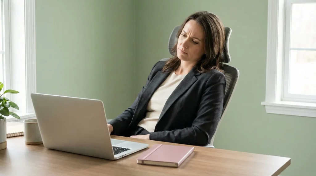 Jessica feeling overwhelmed by stress and burnout in her sage green office