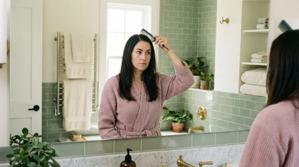 Julia examining her scalp type and checking for oil or dryness in the mirror