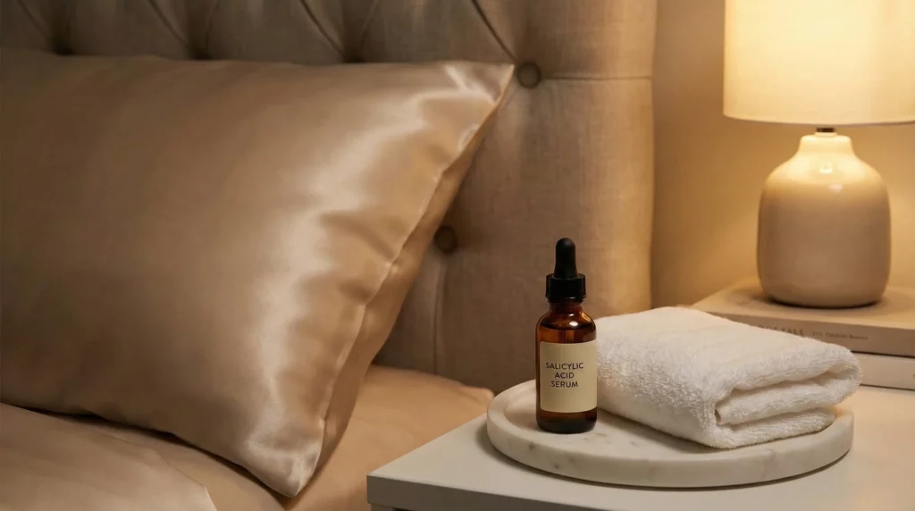 A luxurious silk pillowcase next to a bottle of salicylic acid serum on a nightstand.