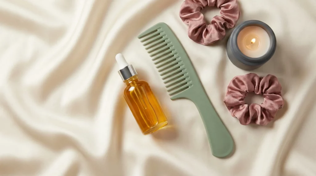 A luxury winter hair recovery setup with nourishing oils to prevent hair snapping and restore elasticity.