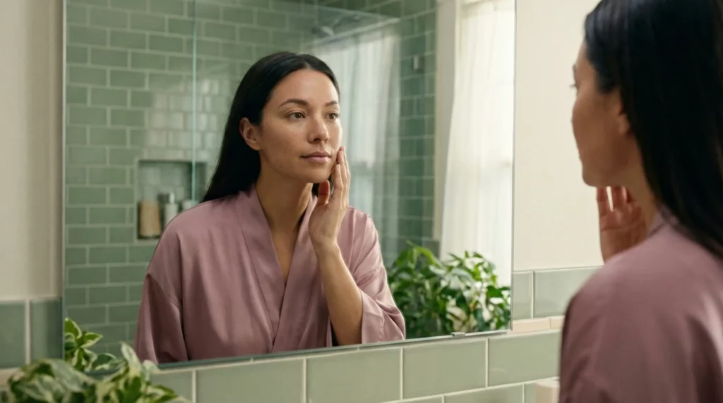 Maya checking her skin for pre-period congestion and hormonal acne signs