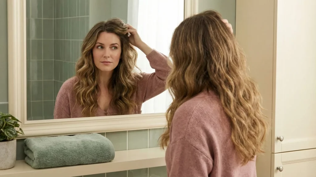 Mia analyzing her hair density and checking for seasonal fall hair loss