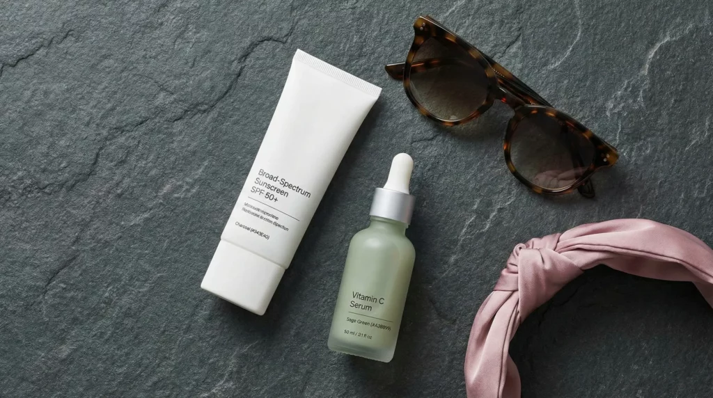 A minimalist morning skincare setup featuring SPF and antioxidant serums for daily protection