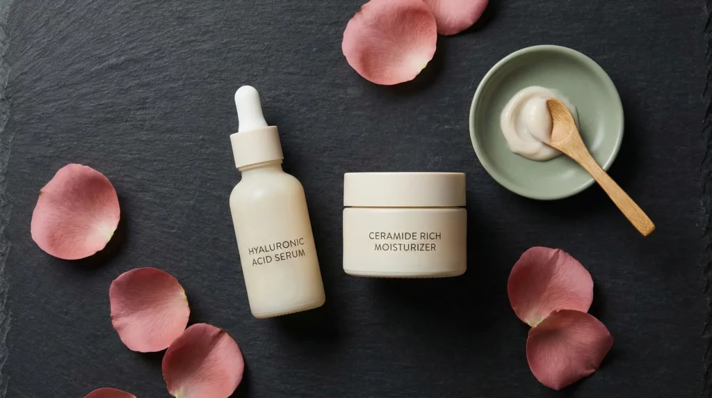 A skincare routine featuring ceramides and hyaluronic acid to fix hormonal dryness.