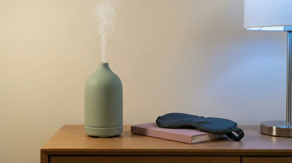 A calm nightstand sanctuary featuring an aromatherapy diffuser and silk mask.