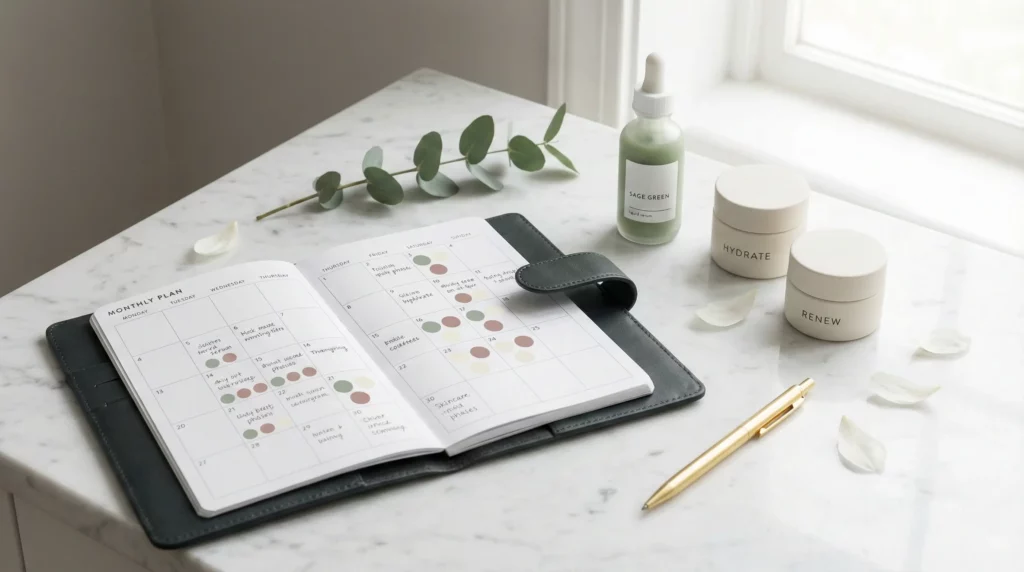 A skincare routine organizer for monthly cycle syncing