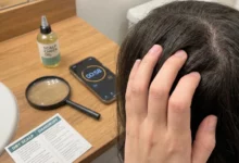 A close-up photograph of a person with dark hair using their hand to part their hair for a scalp examination. On a wooden countertop next to them are a bottle of "SCALP CHECK OIL," a magnifying glass, a smartphone displaying a 58-second timer, and a printed card titled "DRY SCALP DANDRUFF" with comparison information. This illustrates the process of a 60-second check to differentiate between dry scalp and dandruff conditions.