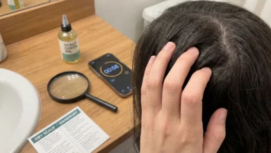 A close-up photograph of a person with dark hair using their hand to part their hair for a scalp examination. On a wooden countertop next to them are a bottle of "SCALP CHECK OIL," a magnifying glass, a smartphone displaying a 58-second timer, and a printed card titled "DRY SCALP DANDRUFF" with comparison information. This illustrates the process of a 60-second check to differentiate between dry scalp and dandruff conditions.
