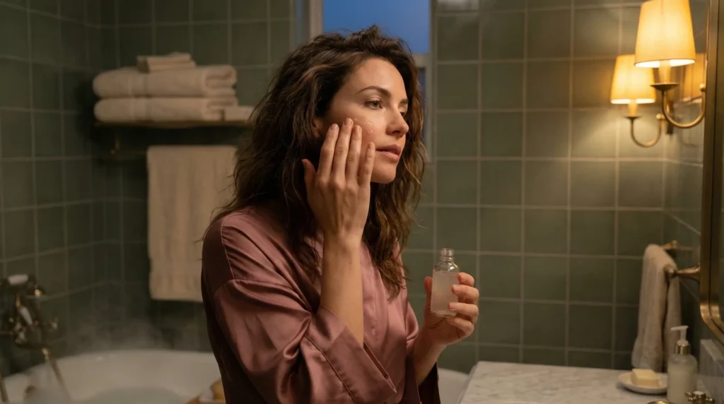 Maya performing a 5-minute night routine for adult acne and skin repair