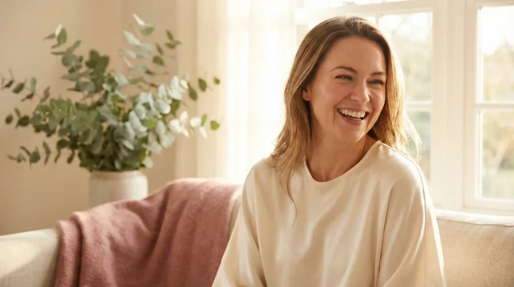 A radiant woman with glowing skin during her follicular phase