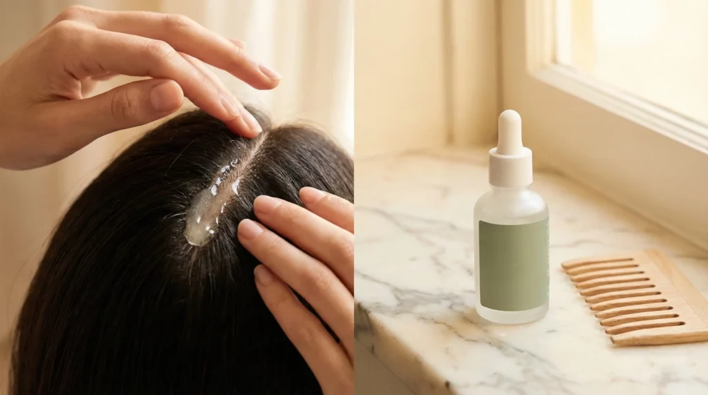 Close-up of a scalp serum being applied for health and rejuvenation