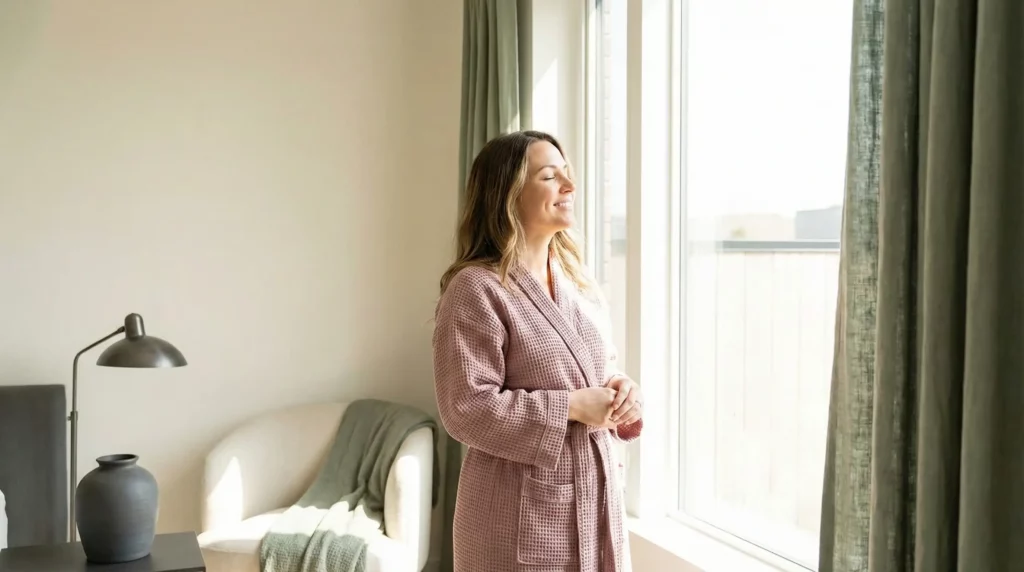 using bright morning sunlight to anchor her circadian rhythm and fix her sleep schedule.