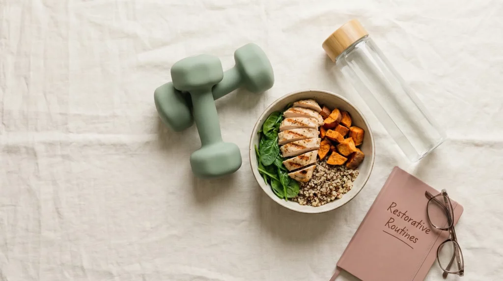Flatlay showing restorative movement and glycemic control foods to calm the cortisol cycle.