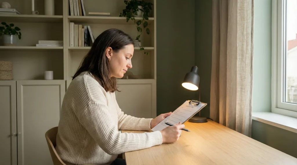 reviewing a realistic 20-point sleep hygiene checklist to improve her rest.