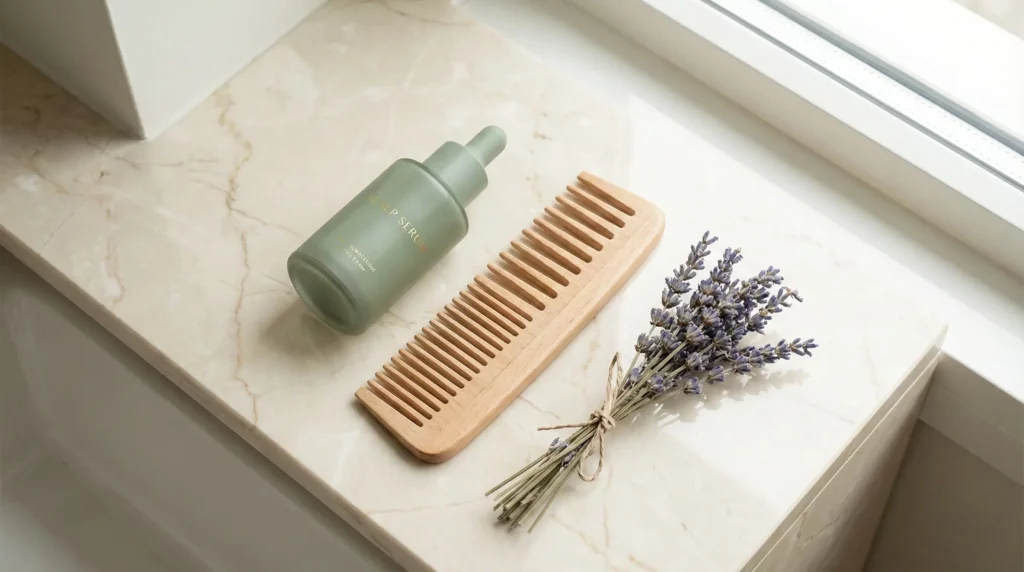 Luxury scalp serum and wooden comb for hair health and rejuvenation.