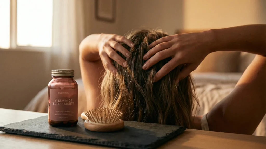 Scalp massage and Vitamin D supplements for hair strengthening during autumn