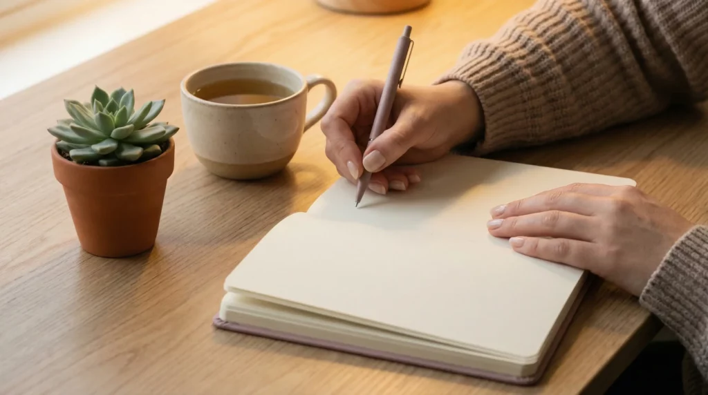 A woman performing a brain dump ritual in a dusty rose notebook to manage anxiety