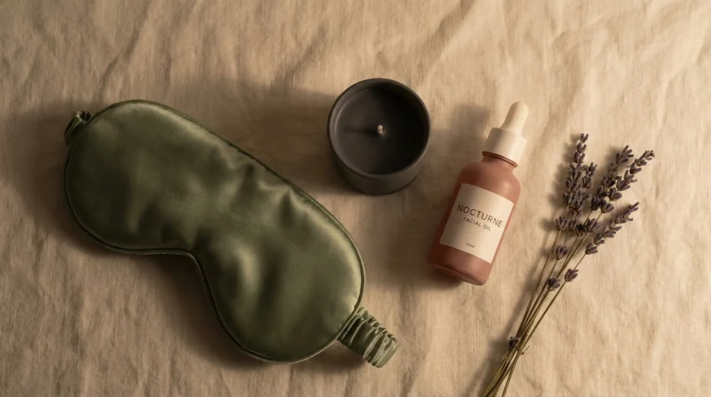 A serene evening ritual setup to protect REM and deep sleep cycles for skin rejuvenation.