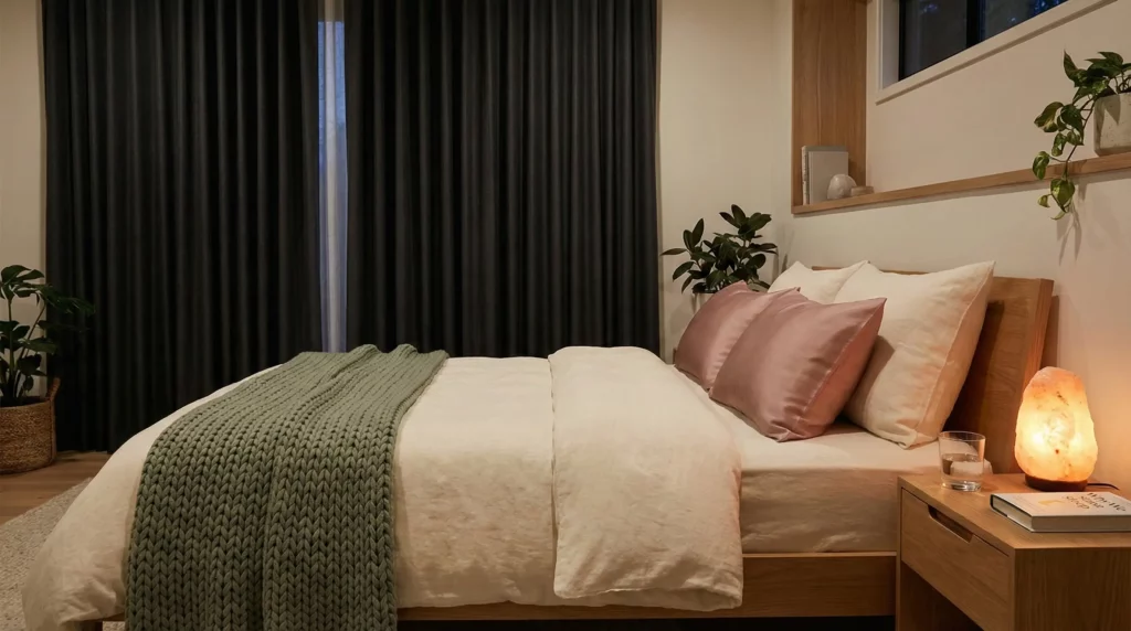 A serene bedroom sanctuary designed with blackout curtains and calming colors for better sleep hygiene.