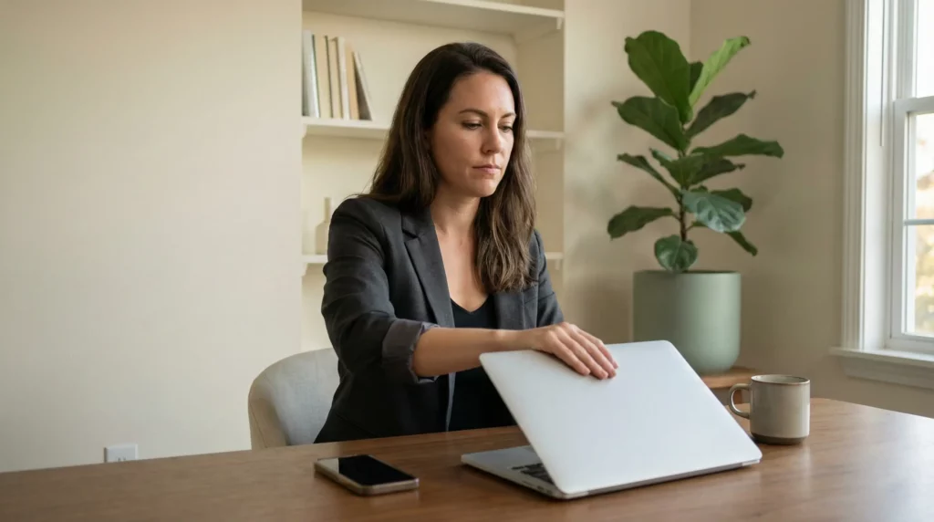 setting clear professional boundaries by closing her laptop in a serene office environment.