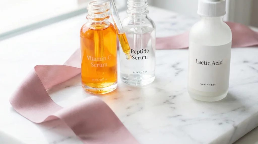 A selection of skincare active ingredients like Vitamin C and Peptides on a marble tray.
