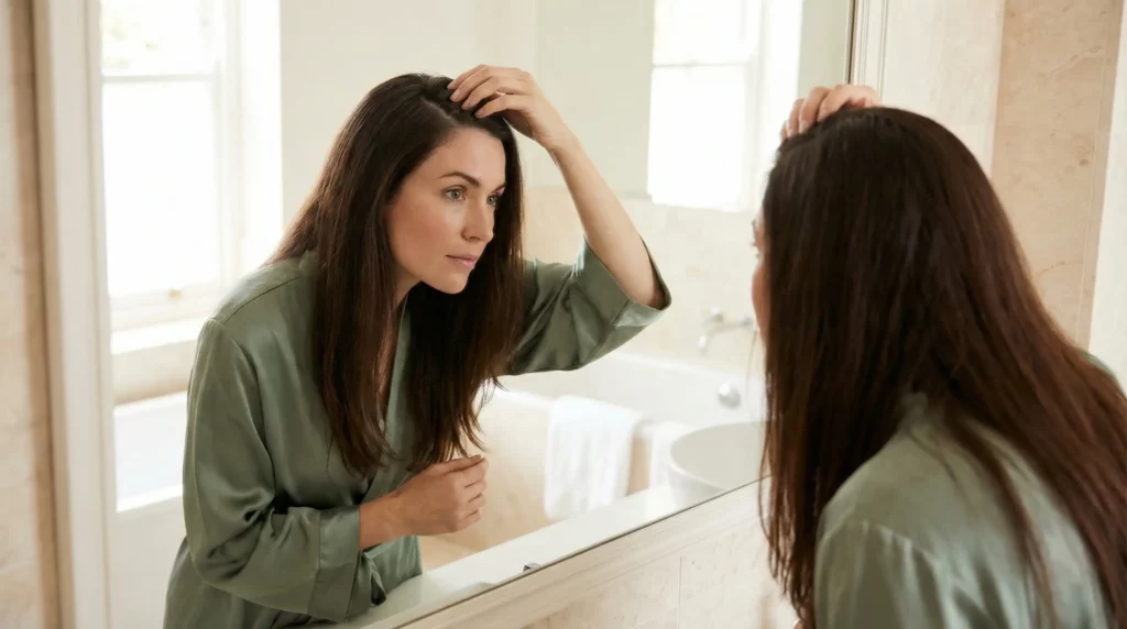 Sophie performing a 60-second check for dry scalp or dandruff flakes.