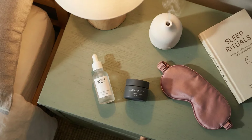 A synergistic anti-aging setup featuring skincare products and sleep accessories for optimal cellular repair.