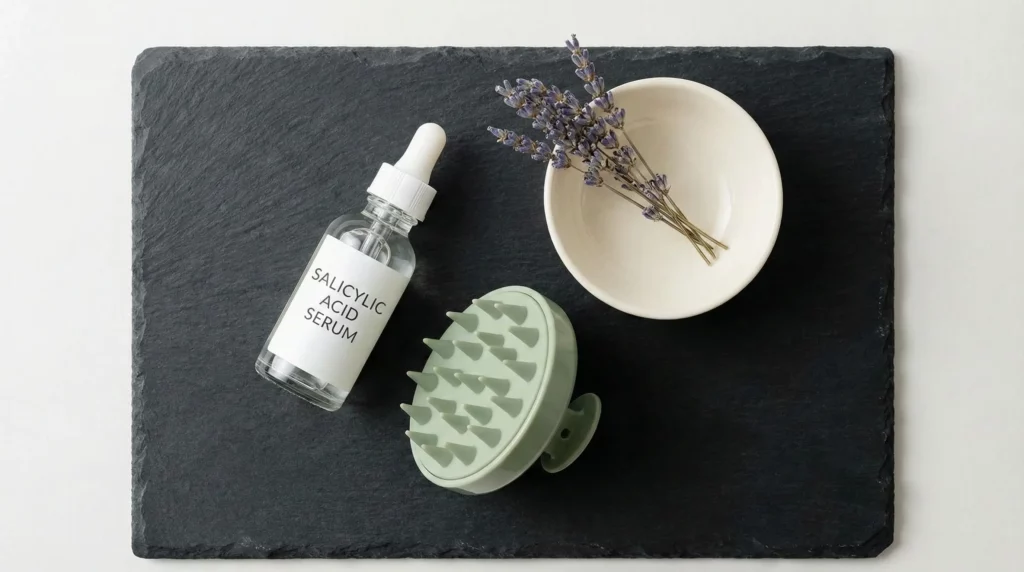 Targeted scalp exfoliation tools and Salicylic Acid for localized dandruff treatment