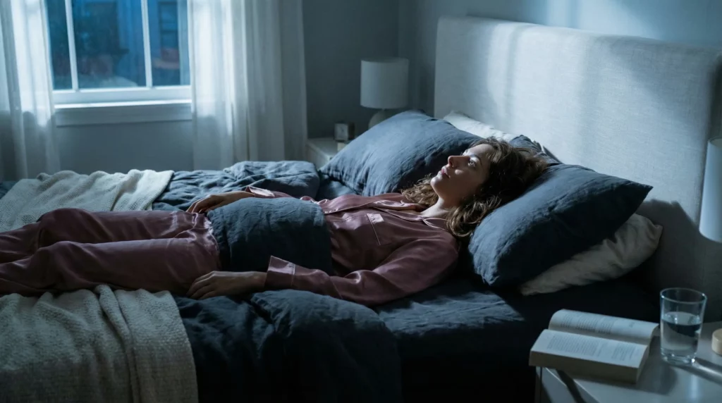 Woman experiencing a 3 a.m. awakening in a calm, serene bedroom environment.
