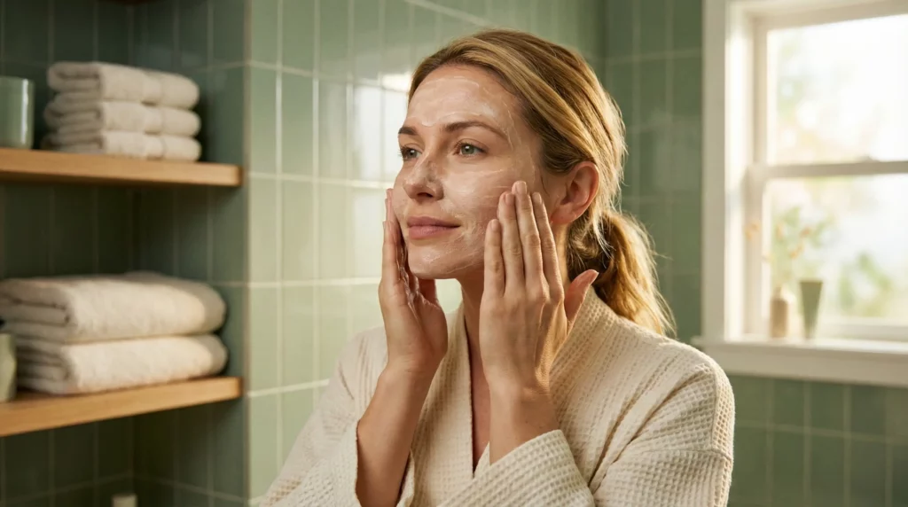 A woman gently cleansing her face as part of a barrier-first adult acne routine