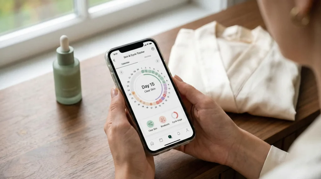 Close-up of a woman using a mobile app to track her skin cycle