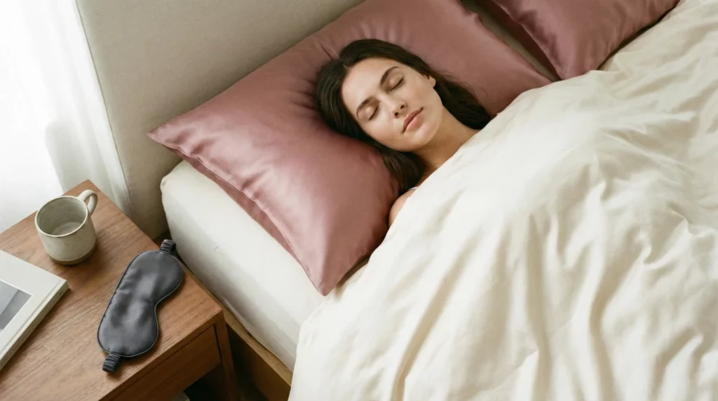 Woman sleeping on a dusty rose silk pillowcase to prevent wrinkles.