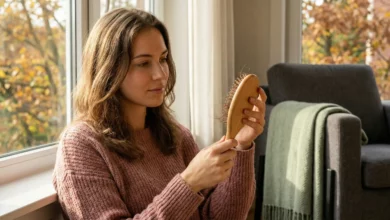 A gorgeous woman thoughtfully examining excess hair strands in a wooden hairbrush by a window with autumn foliage, illustrating seasonal hair shedding and the telogen phase.