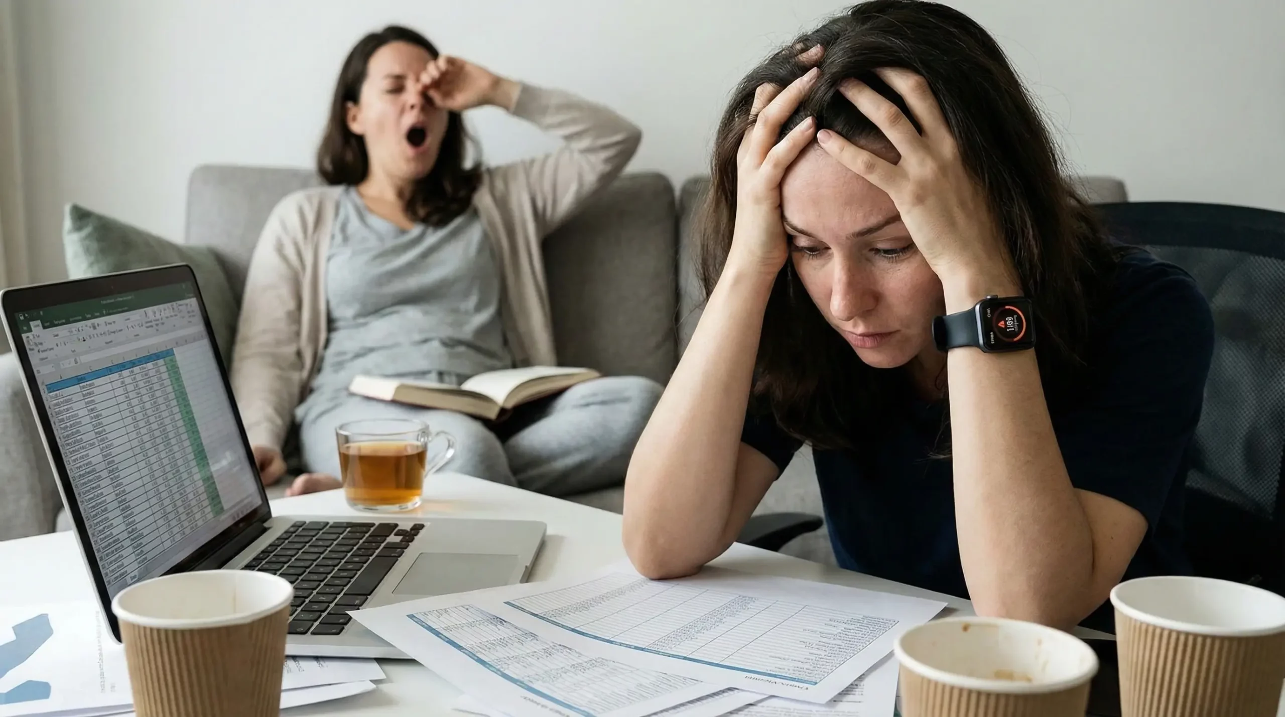 A visual comparison illustrating the difference between burnout and tiredness. In the foreground, an overwhelmed woman with hands on her head sits at a cluttered desk with spreadsheets and coffee cups, representing occupational burnout. In the background, the same woman is yawning on a couch, representing normal fatigue
