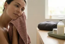 A gorgeous woman gently drying her face with a towel after a minimalist skincare routine, prioritizing calm for acne-prone skin
