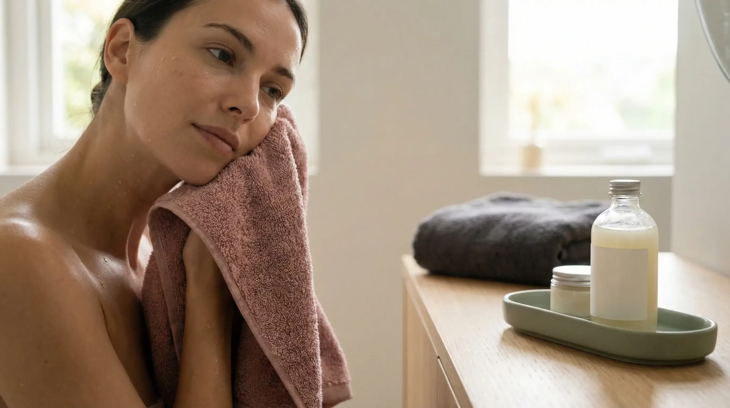 A gorgeous woman gently drying her face with a towel after a minimalist skincare routine, prioritizing calm for acne-prone skin