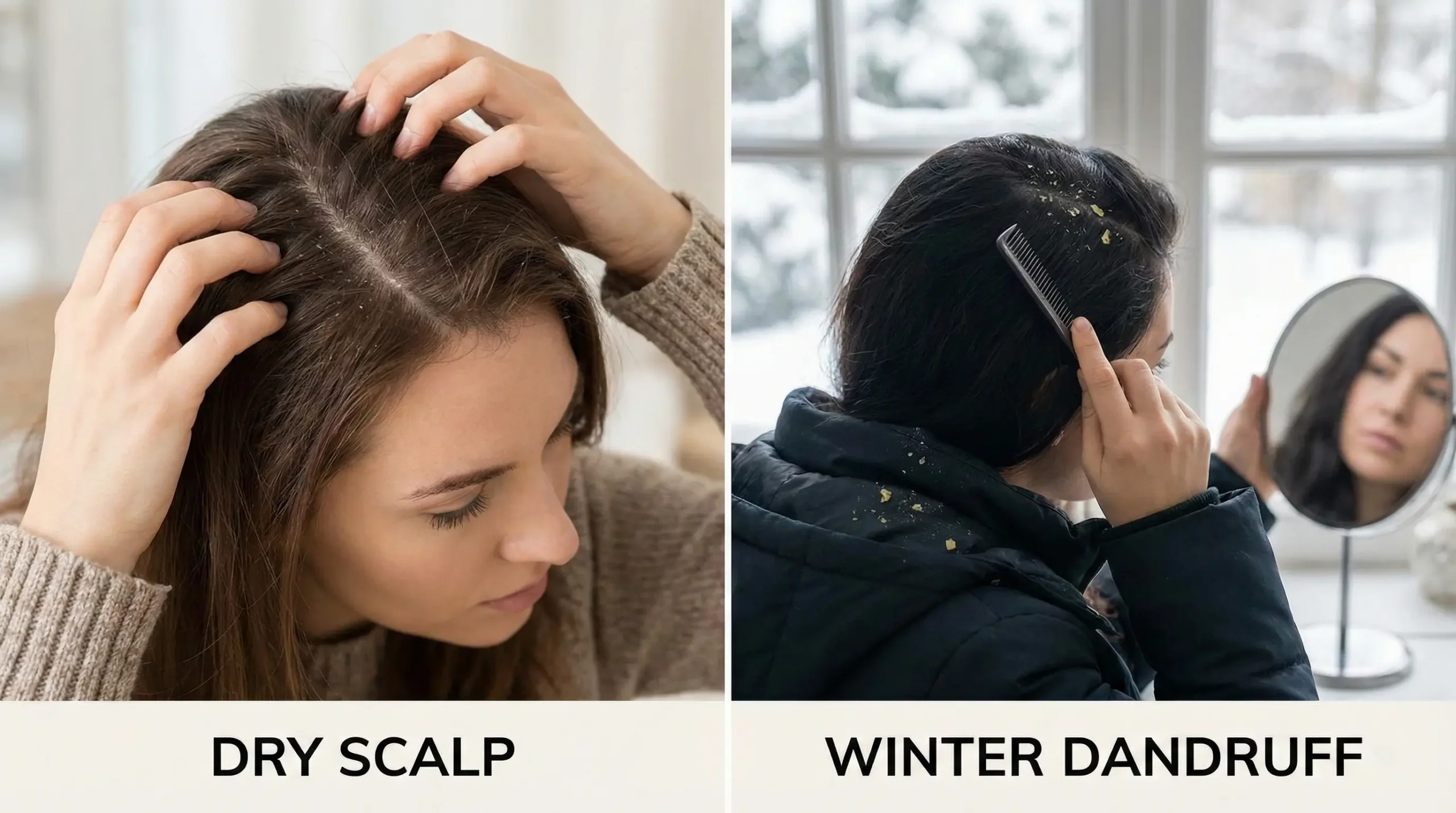 A side-by-side comparison image illustrating the difference between "DRY SCALP" (showing fine, white flakes) on the left and "WINTER DANDRUFF" (showing larger, yellowish flakes on a coat) on the right during cold weather.