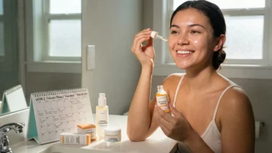 A smiling woman with glowing skin applying Vitamin C serum during her follicular phase 'Glow Week', alongside a calendar and other gentle skincare products in a sunny bathroom.