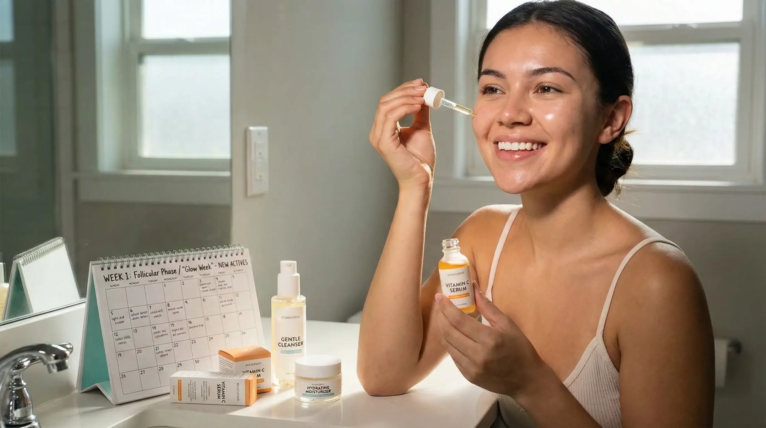 A smiling woman with glowing skin applying Vitamin C serum during her follicular phase 'Glow Week', alongside a calendar and other gentle skincare products in a sunny bathroom.