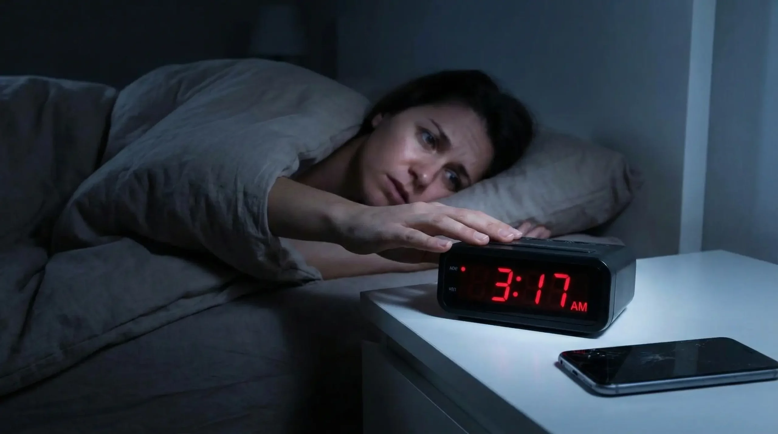 a woman in bed reaching for a digital alarm clock at 3:17 AM, demonstrating the clock-checking trap that prevents falling back asleep faster
