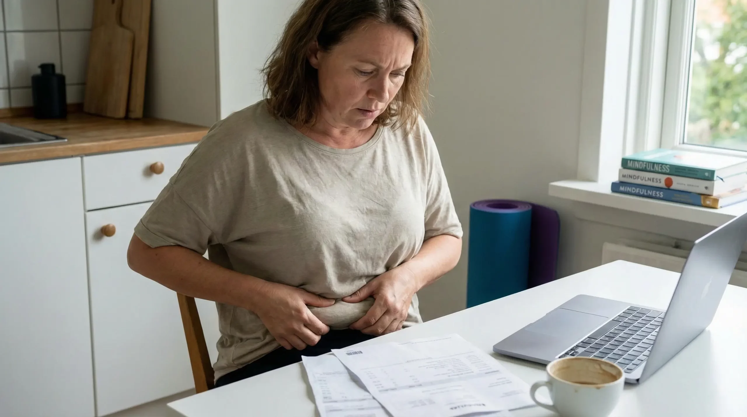 woman checking her belly fat while feeling stressed at her desk, illustrating the link between cortisol and abdominal weight gain