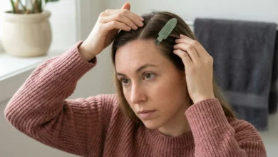 A gorgeous woman examining localized dandruff on her front hairline in a mirror, identifying specific scalp concerns.