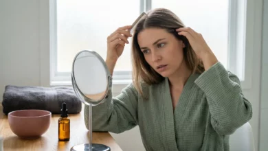 A gorgeous woman in a sage green robe using a comb to examine her scalp in a mirror, looking for signs of hidden fungus or irritation.