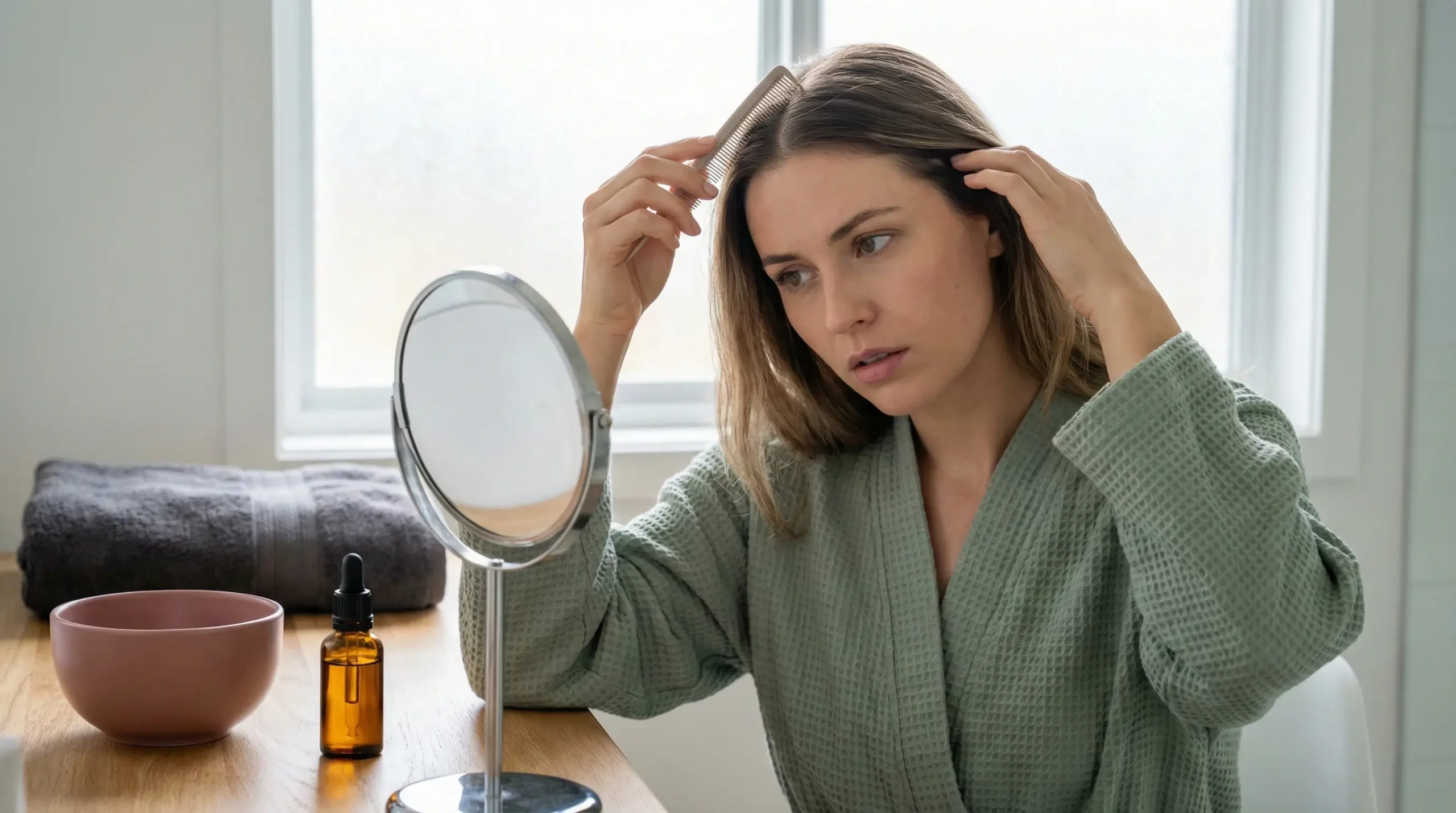 A gorgeous woman in a sage green robe using a comb to examine her scalp in a mirror, looking for signs of hidden fungus or irritation.