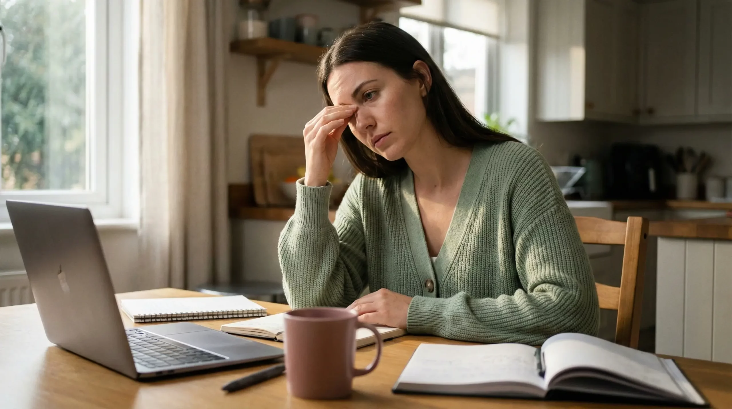 A gorgeous woman looking overwhelmed and stressed while working on her laptop at a kitchen table, illustrating the signs of burnout or anxiety
