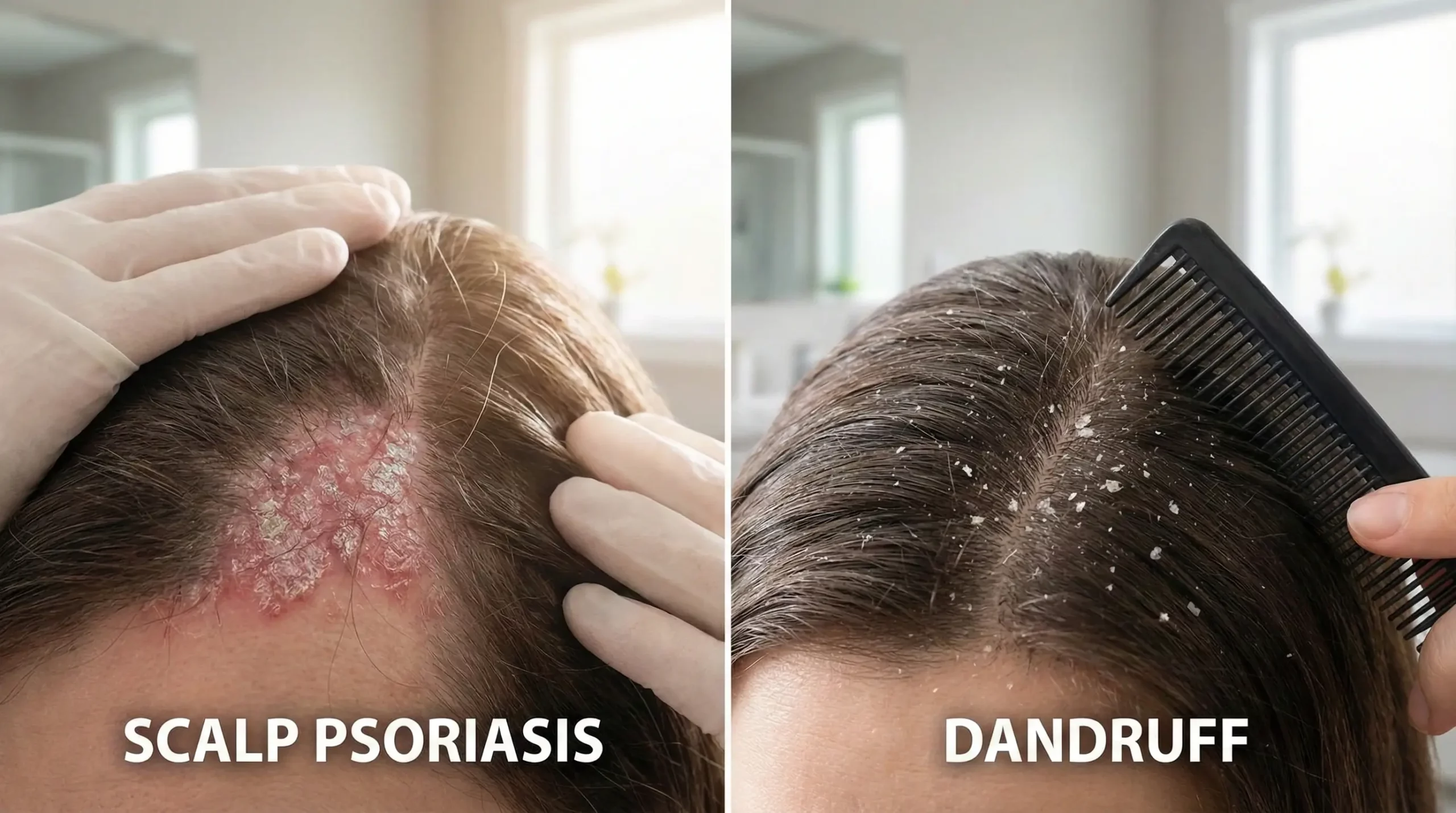 A side-by-side comparison image illustrating the visual differences between scalp psoriasis and dandruff. The left side shows red, inflamed, silvery-scaled plaques labeled "Scalp Psoriasis" being examined by gloved hands, while the right side shows loose white flakes scattered in dark hair labeled "Dandruff" being combed