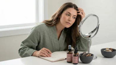 A gorgeous woman in a sage green robe thoughtfully examining her hair and scalp in a mirror, next to a notebook checklist and haircare products, to identify her dry, oily, sensitive, or combo scalp type
